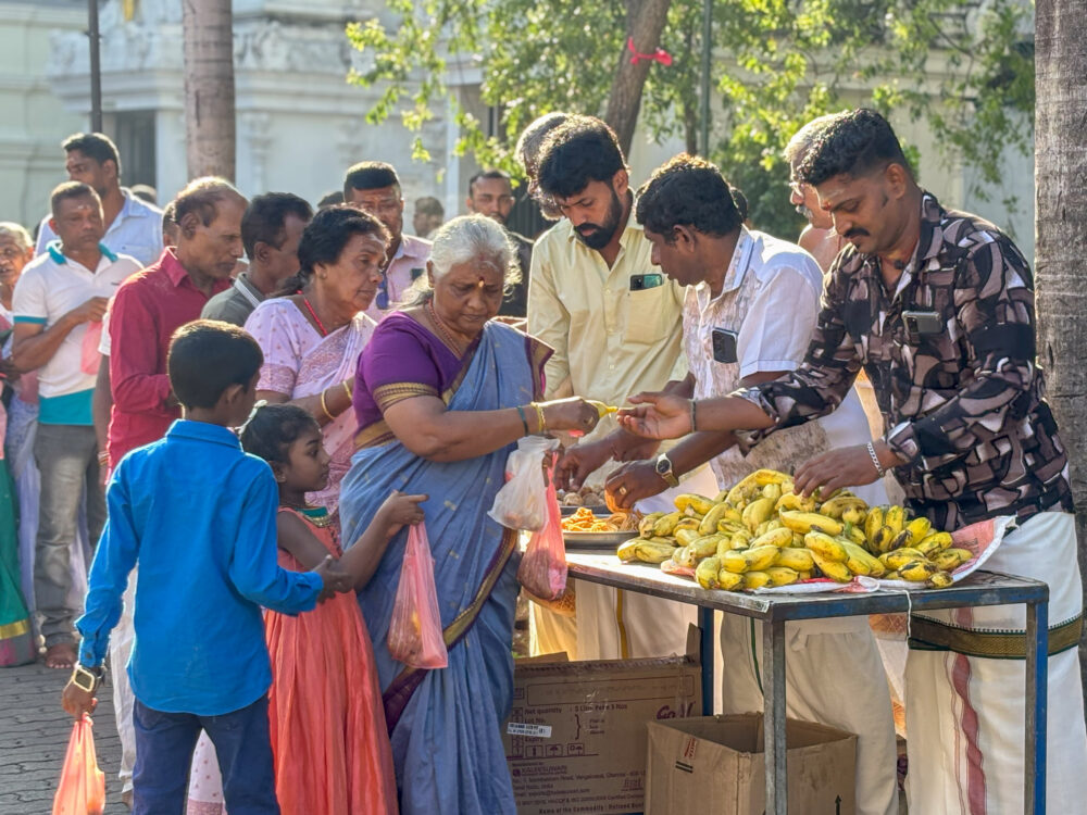 2026年スーリヤ・ポンガルで、太陽神に捧げたミルクライスを訪問者にふるまう様子
